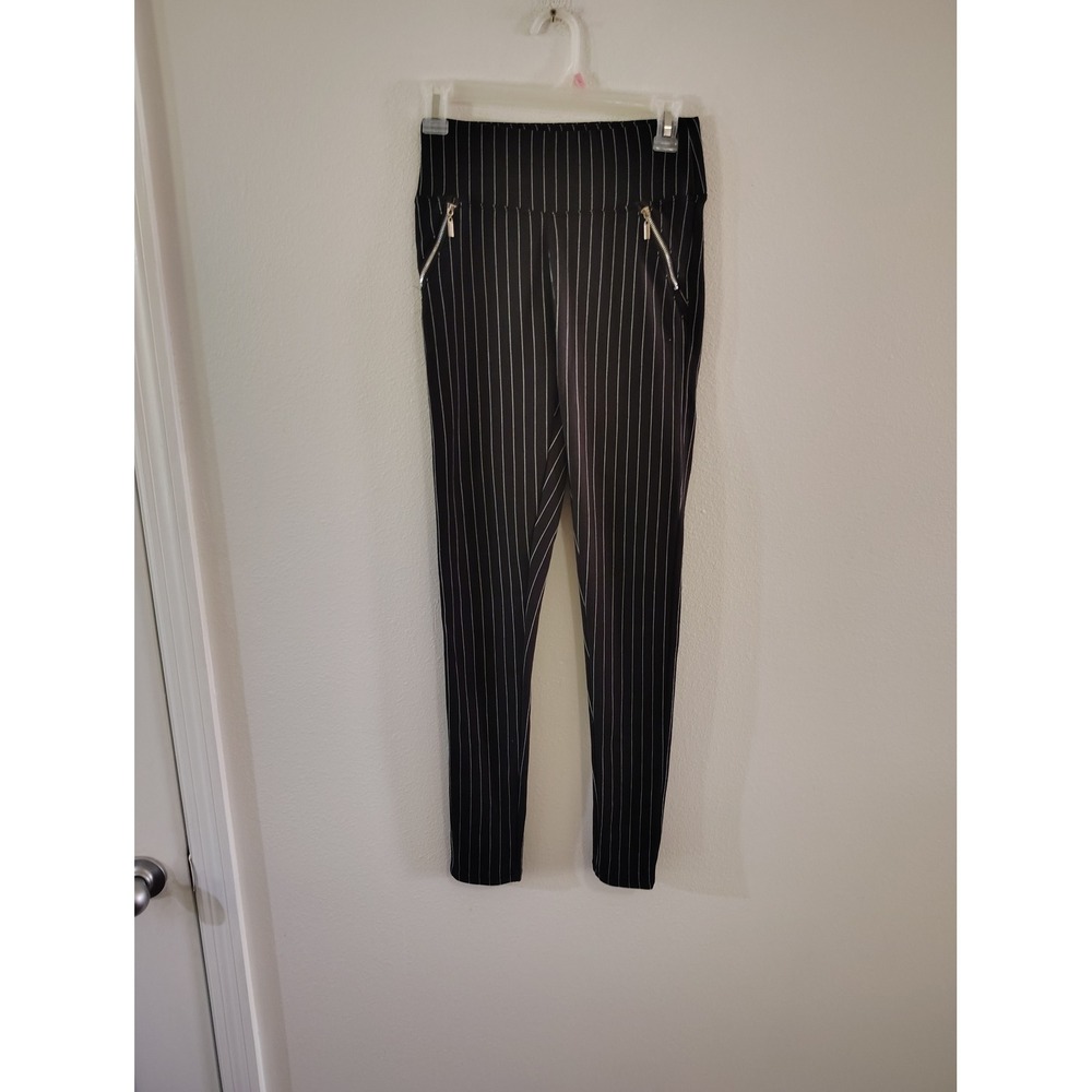 Streetwear Society Black Pinstripe High Waisted Leggings Zipper Detail Medium